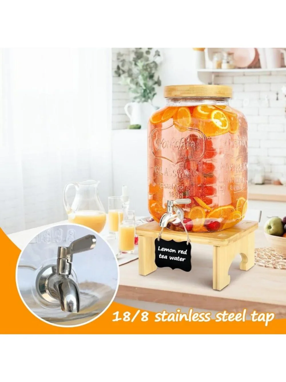 2 Gallon Glass Beverage Dispenser with Wood Stand & Stainless Steel Spigot